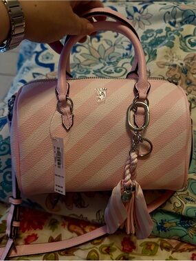Victoria’s Secret Small Pink Striped Dome Satchel NWT with attached key tassel